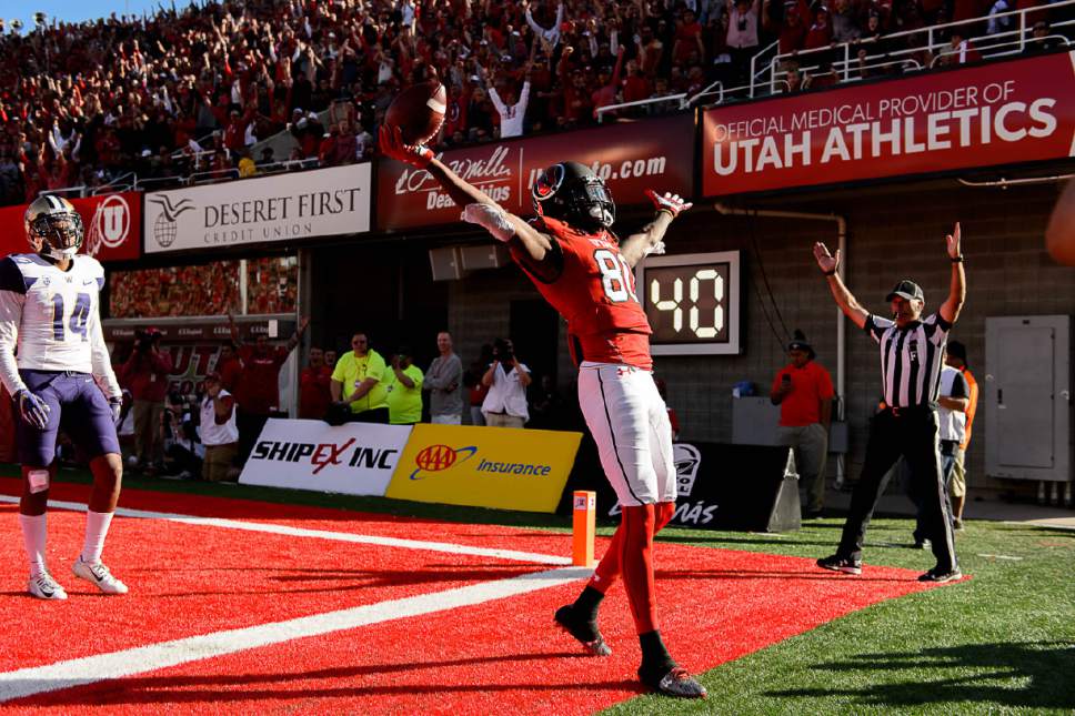 Trent Nelson  |  The Salt Lake Tribune
Utah Utes wide receiver Siaosi Wilson (80) celebrates a touchdown as the University of Utah faces Washington, college football at Rice-Eccles Stadium in Salt Lake City, Saturday October 29, 2016.