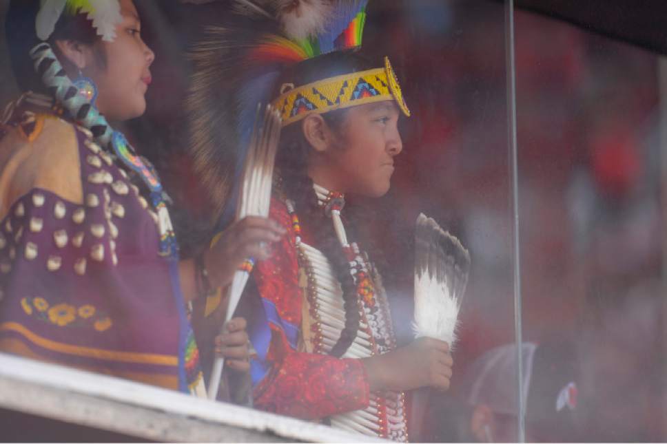 Leah Hogsten  |  The Salt Lake Tribune
Members of the Utah's Native American Tribes wait to take the field during the halftime program.  University of Washington Huskies lead University of Utah Utes 14-10 during the first half of their game at Rice-Eccles Stadium, Saturday, October 29, 2016.