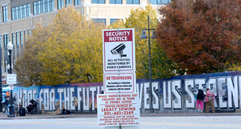 Al Hartmann  |  The Salt Lake Tribune
Security notice sign at Art Space near 250 South 500 West in the Rio Grande neighborhood .  There are many small homeless camps along 500 West betwen 200 South and 400 South. Salt Lake City officials and providers are planning for additional emergency shelter space for homeless people when temperatures begin to drop for the winter.