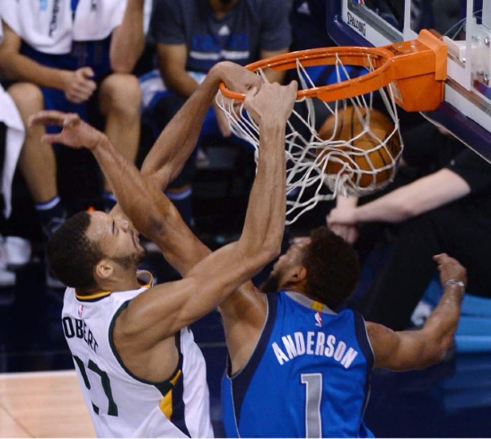 Steve Griffin / The Salt Lake Tribune


Utah Jazz center Rudy Gobert (27) throws down a huge dunk and is fouled by Dallas Mavericks guard Justin Anderson (1) late in the fourth quarter during NBA game at Vivint Smarthome Arena in Salt Lake City Wednesday November 2, 2016.
