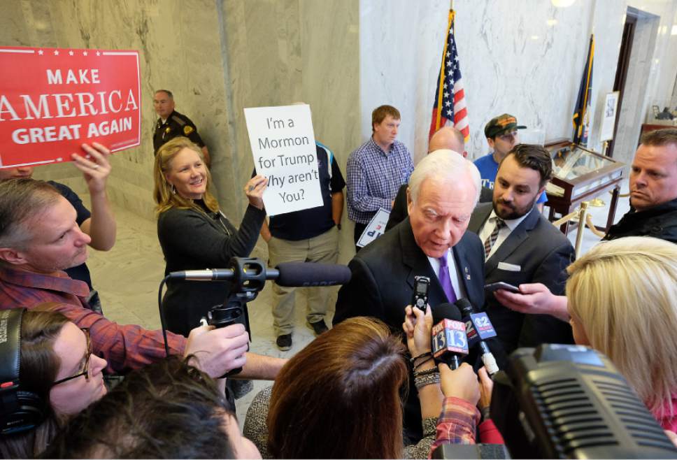 Francisco Kjolseth | The Salt Lake Tribune
Senator Orrin Hatch, R-Utah, speaks with the media following a rally in support of Donald Trump  in the rotunda of the Utah Capitol, on Tuesday, Nov. 1, 2016.