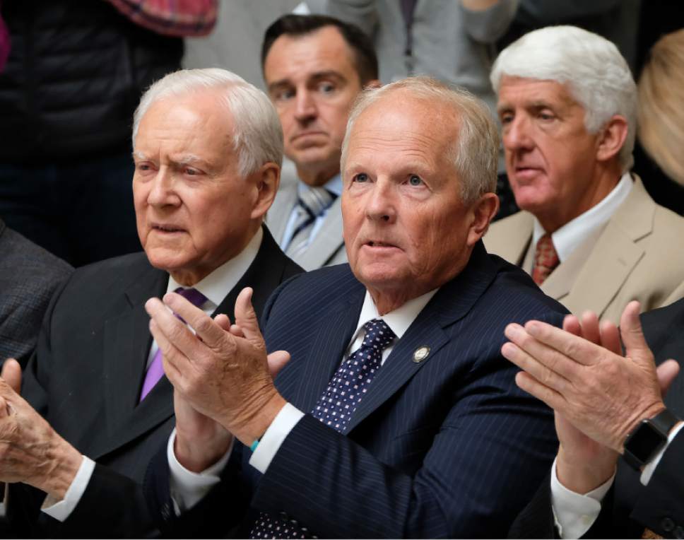 Francisco Kjolseth | The Salt Lake Tribune
Senator Orrin Hatch, R-Utah, House speaker Greg Hughes, Rep. Mike Noel, R-Kanab, and U.S. Rep. Rob Bishop, from left, attend a rally in support of Donald Trump  in the rotunda of the Utah Capitol, on Tuesday, Nov. 1, 2016.