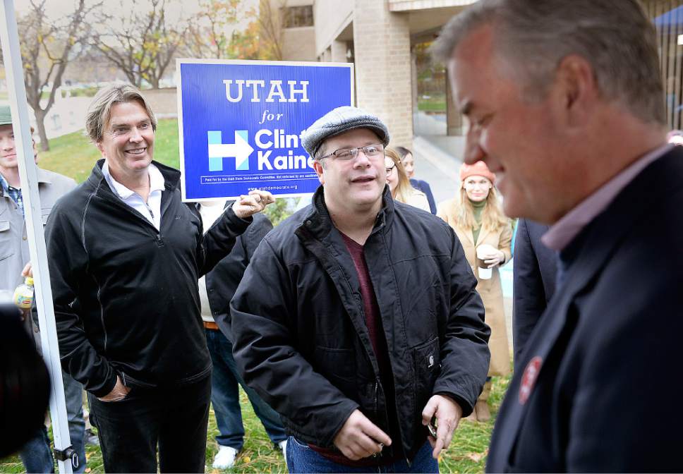 Al Hartmann  |  The Salt Lake Tribune
Actor Sean Astin joins Utah State Democratic chairman Peter Corroon outside the Salt Lake County building Monday November 1 to encourage people to vote early and consistently for every election.
