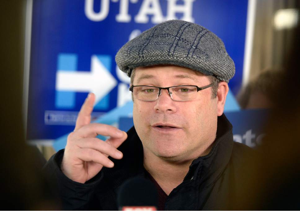 Al Hartmann  |  The Salt Lake Tribune
Actor Sean Astin speaks outside the Salt Lake County building Monday November 1 to encourage people to vote early and consistently for every election.