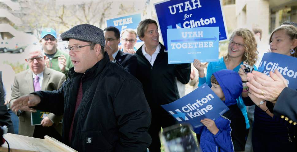 Al Hartmann  |  The Salt Lake Tribune
Actor Sean Astin joins Utah Democrats outside the Salt Lake County building Monday November 1 to encourage people to vote early and consistently for every election.