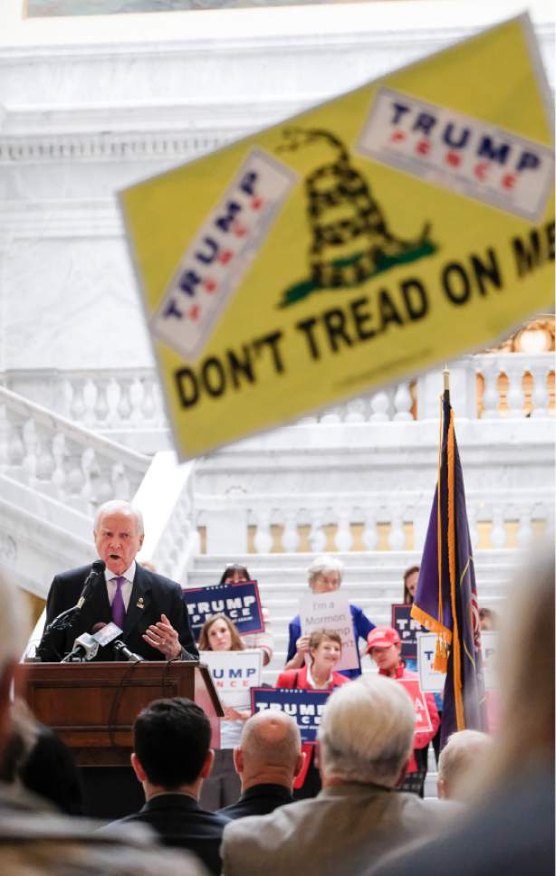 Francisco Kjolseth | The Salt Lake Tribune
Senator Orrin Hatch, R-Utah, left,  takes to the mic during a rally in support of Donald Trump  in the rotunda of the Utah Capitol, on Tuesday, Nov. 1, 2016.