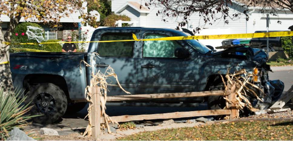 Steve Griffin / The Salt Lake Tribune


A bank robbery suspect was critically injured in a shoot-out with police in West Jordan, after crashing this truck into a cinderblock wall, following a chase after a robbery at a local credit union police reported in West Jordan, Utah Wednesday November, 02, 2016.