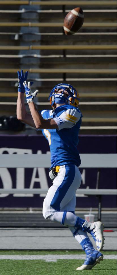 Steve Griffin / The Salt Lake Tribune


San Juan receiver Nathan Nielson hauls in a long touchdown pass f during class 2A semifinal football game against South Summit at Stewart Stadium on the Weber State University campus in Ogden Thursday November 3, 2016.