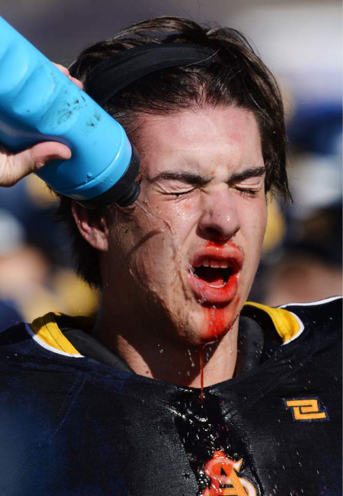 Steve Griffin / The Salt Lake Tribune


Summit Academy's Aaron Bailey washes off blood from his face during class 2A semifinal football game against Beaver at Stewart Stadium on the Weber State University campus in Ogden Thursday November 3, 2016.