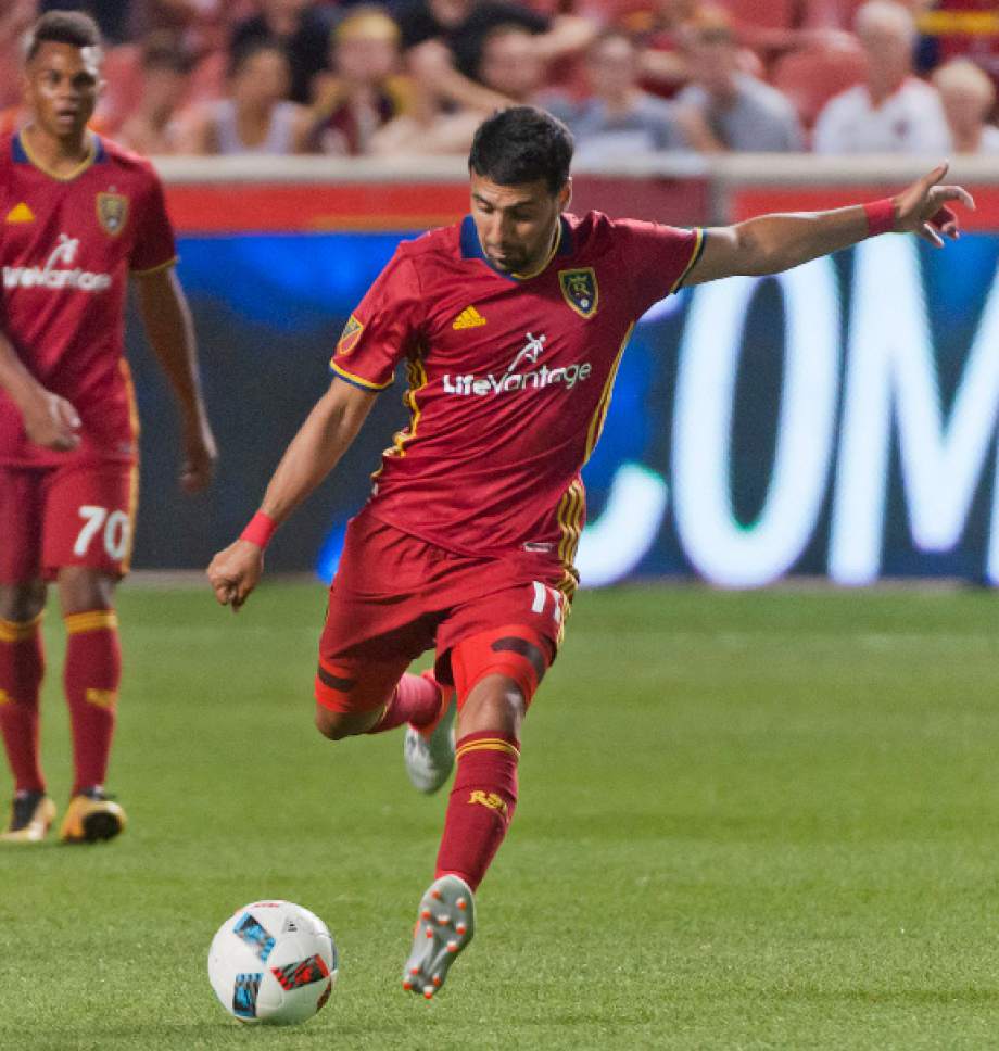 Michael Mangum  |  Special to the Tribune

Real Salt Lake midfielder Javier Morales takes a shot during their U.S. Open Cup match against the Seattle Sounders at Rio Tinto Stadium in Sandy, UT on Tuesday, June 28th, 2016. The match ended in a 1-1 draw with Seattle advancing after winning in a penalty kick shootout.
