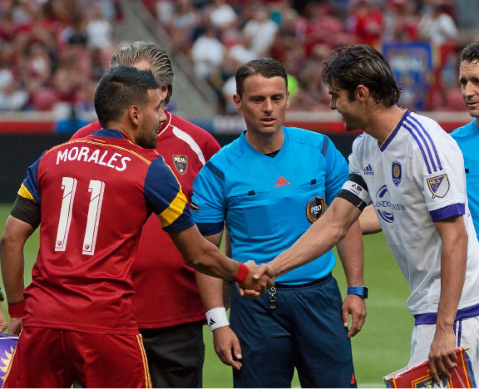 Michael Mangum  |  Special to the Tribune

Captains Javier Morales (11) of Real Salt Lake and Kaka (10) of Orlando City SC shake hands before the beginning of their match at Rio Tinto Stadium on Saturday, July 4, 2015. The match ended in a 1-1 draw.