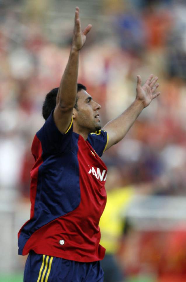 Javier Morales celebrates after scoring the first goal for the Real, in the first period, as Real took on FC Dallas on Saturday at Rice-Eccles Stadium.

Photo by Rick Egan/The Salt Lake Tribune