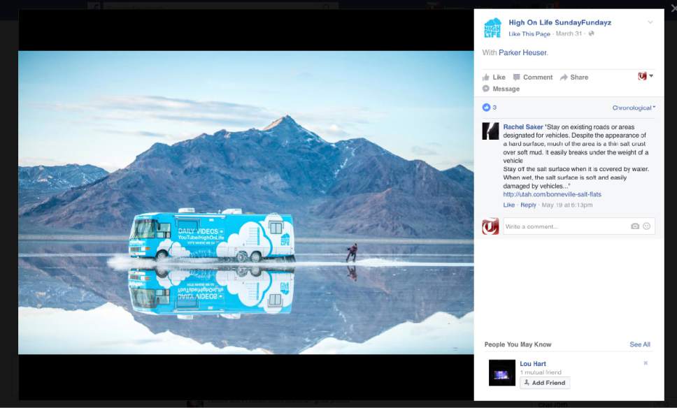 This screenshot of the High On Life Facebook page shows Parker Heuser waterskiing behind an RV on the Salt Flats west of Salt Lake City.