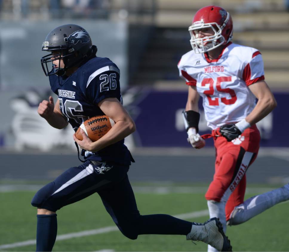 Steve Griffin / The Salt Lake Tribune


Duchesne's Skyler Ford races past Milford's Preston Robinson for a touchdown during the Class 1A semifinal game Stewart Stadium on the Weber State University campus in Ogden Friday November 4, 2016.