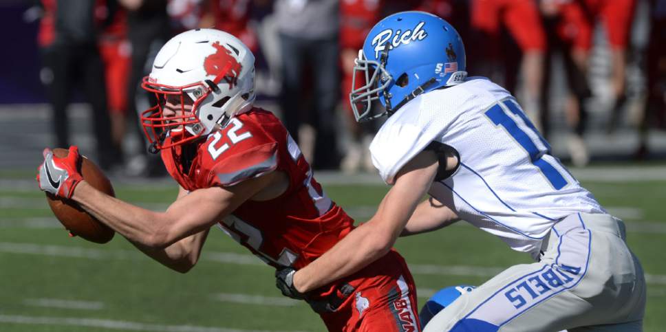 Steve Griffin / The Salt Lake Tribune


Kanab's Layne Anderson races away from Rich defenders after he stole the ball away from Rich's Nik Wallentine after Wallentine intercepted a pass intended for Anderson during the Class 1A semifinal game at Stewart Stadium on the Weber State University campus in Ogden Friday November 4, 2016.