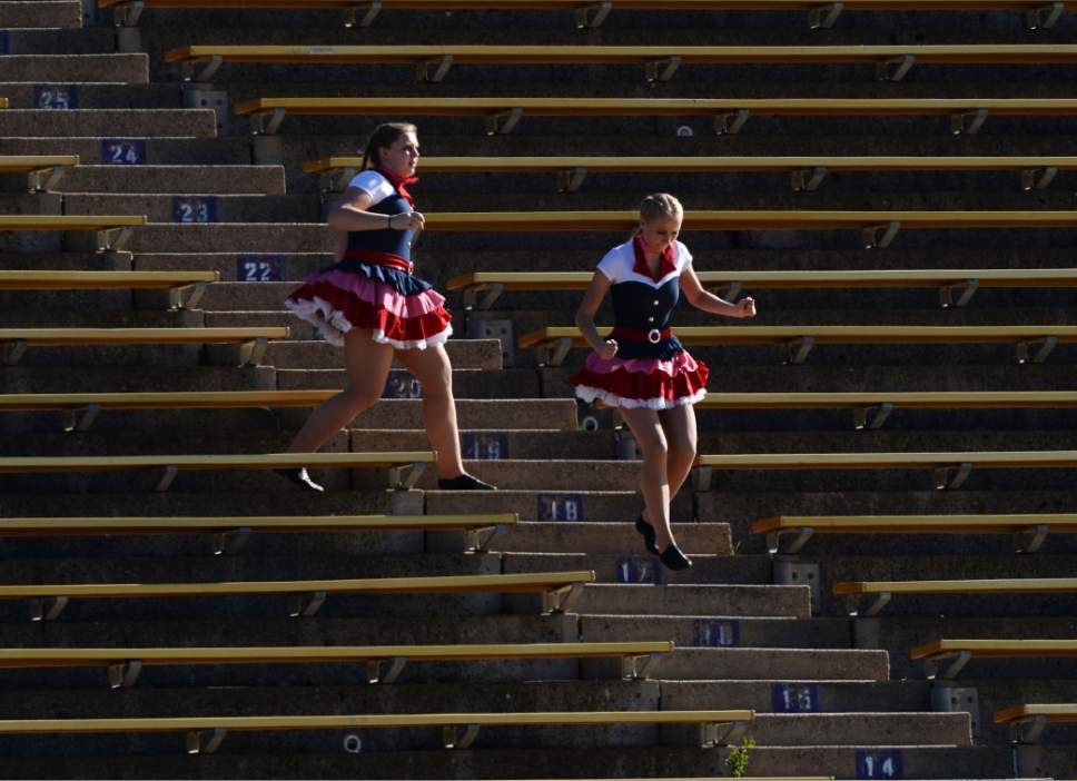 Steve Griffin / The Salt Lake Tribune


Rich drill team members race down the stands as they get ready to perform at halftime of the Class 1A semifinal football game between Kanab and Rich at Stewart Stadium on the Weber State University campus in Ogden Friday November 4, 2016.