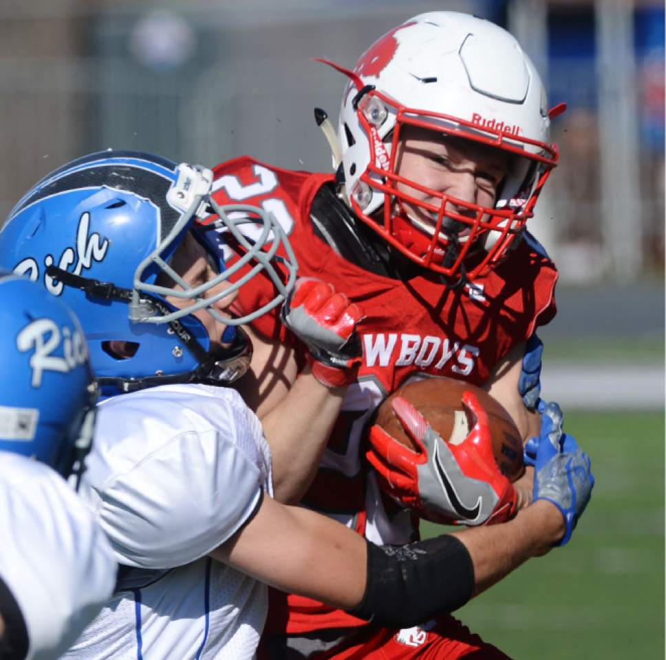 Steve Griffin / The Salt Lake Tribune


Kanab's Cody Stubbs battles Rich defender during the Class 1A semifinal game at Stewart Stadium on the Weber State University campus in Ogden Friday November 4, 2016.