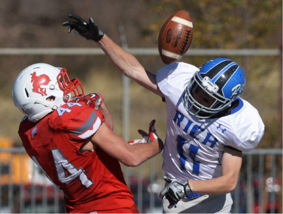 Steve Griffin / The Salt Lake Tribune


Rich defender Kamren Calder, right, breaks up a pass intended for Kanab's Parker Collins during the Class 1A semifinal game at Stewart Stadium on the Weber State University campus in Ogden Friday November 4, 2016.