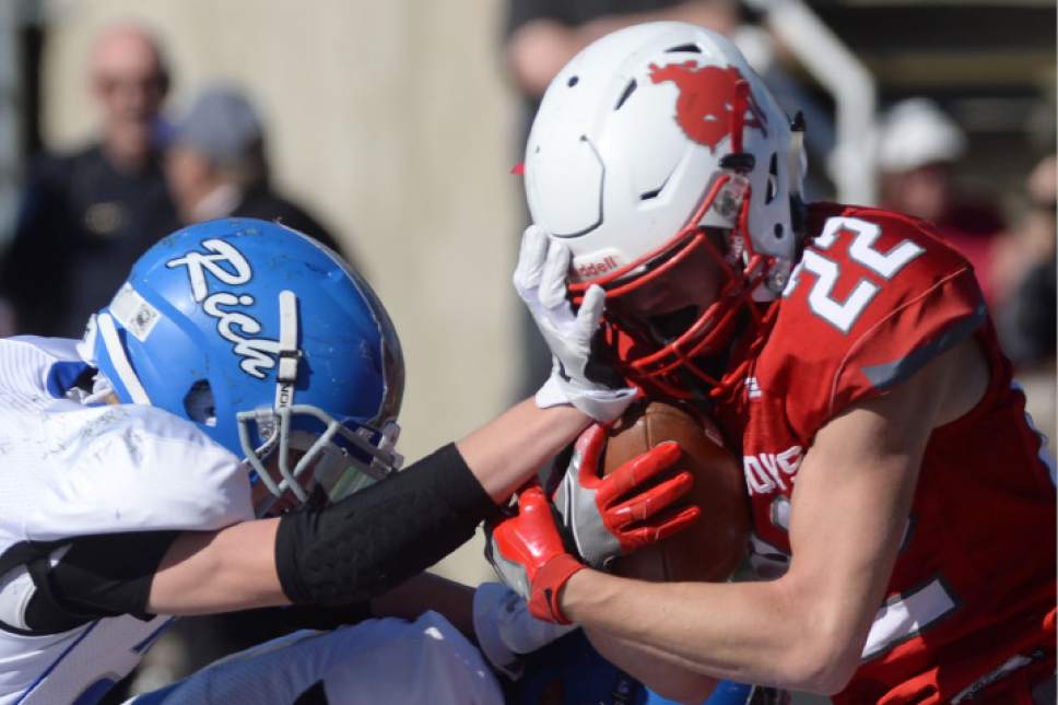 Steve Griffin / The Salt Lake Tribune


Rich defender Jordan Cook tries to keep Kanab's Layne Anderson out of the end zone during the Class 1A semifinal game at Stewart Stadium on the Weber State University campus in Ogden Friday November 4, 2016.