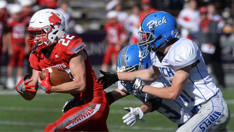 Steve Griffin / The Salt Lake Tribune


Kanab's Layne Anderson races away from Rich defenders after he stole the ball away from Rich's Nik Wallentine after Wallentine intercepted a pass intended for Anderson during the Class 1A semifinal game at Stewart Stadium on the Weber State University campus in Ogden Friday November 4, 2016.