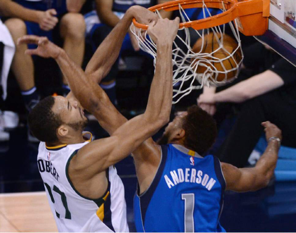 Steve Griffin / The Salt Lake Tribune


Utah Jazz center Rudy Gobert (27) throws down a huge dunk and is fouled by Dallas Mavericks guard Justin Anderson (1) late in the fourth quarter during NBA game at Vivint Smarthome Arena in Salt Lake City Wednesday November 2, 2016.