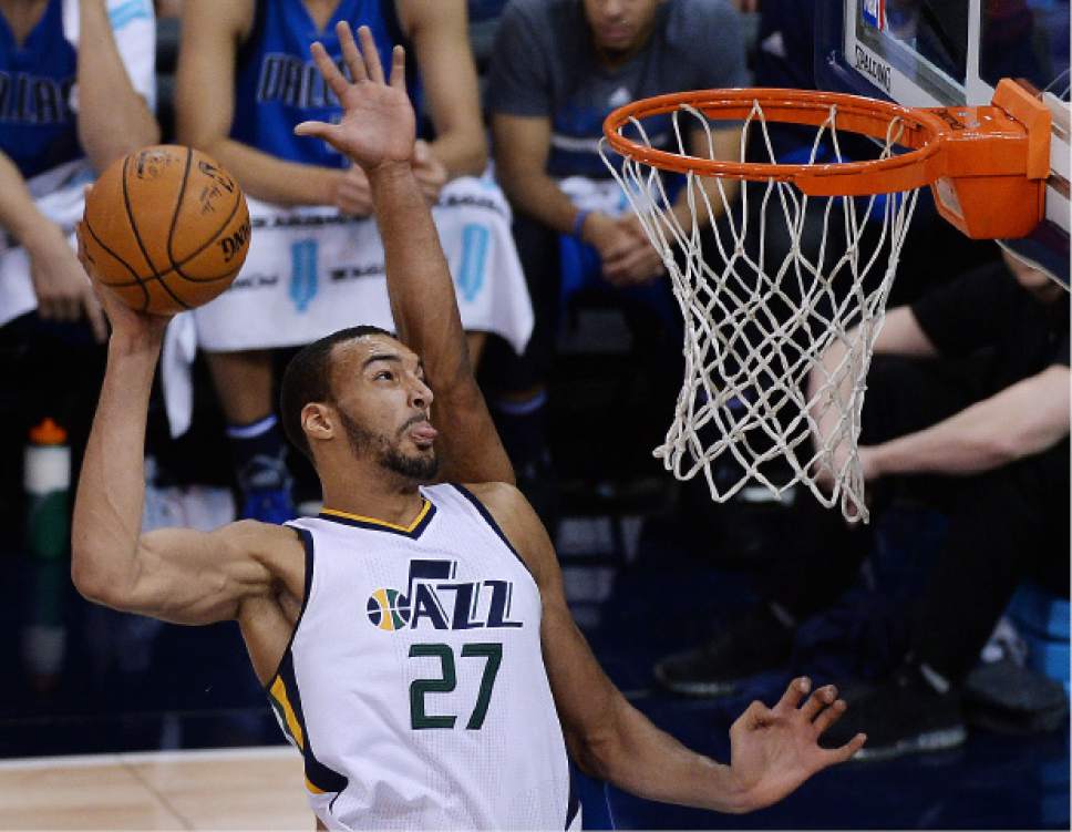 Steve Griffin / The Salt Lake Tribune


Utah Jazz center Rudy Gobert (27) prepares to dunk the ball but is fouled by Dallas Mavericks guard Justin Anderson (1) late in the fourth quarter during NBA game at Vivint Smarthome Arena in Salt Lake City Wednesday November 2, 2016.