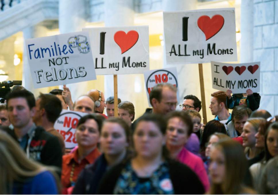 Steve Griffin  |  The Salt Lake Tribune


People attend a protest rally against H.B. 281 that if passed make polygamy a felony in Utah again. Members of the plural marriage community are not happy and rallied against the bill in the Capitol rotunda during the 2016 legislative session in Salt Lake City, Monday, March 7, 2016.