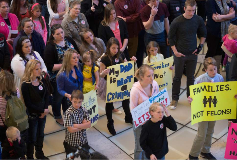 Steve Griffin  |  The Salt Lake Tribune
People attend a protest rally in the Capitol rotunda against H.B. 281 that if passed make polygamy a felony in Utah again. Members of the plural marriage community are not happy and rallied against the bill during the 2016 legislative session in Salt Lake City.