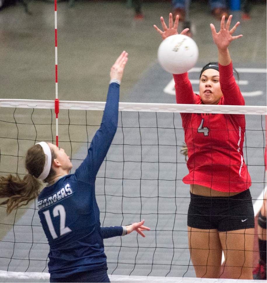 Rick Egan  |  The Salt Lake Tribune

Bountiful Braves Brook Pe'a (4) defends a hit by Corner Canyon Chargers Madison Brunatti (12), in 4A championship volleyball action, Bountiful vs. Corner Canyon, in Orem, November 5, 2016.