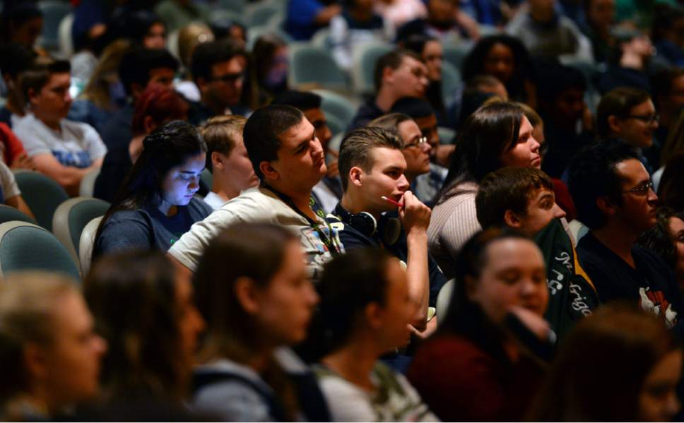 Steve Griffin / The Salt Lake Tribune


Kearns High School seniors listen to Utah Lt. Governor Spencer Cox during an assembly kicking off Utah College Application Week  at Kearns High School in Kearns Monday November 7, 2016. Cox told of his experience with college applications and what college meant for his carrier.