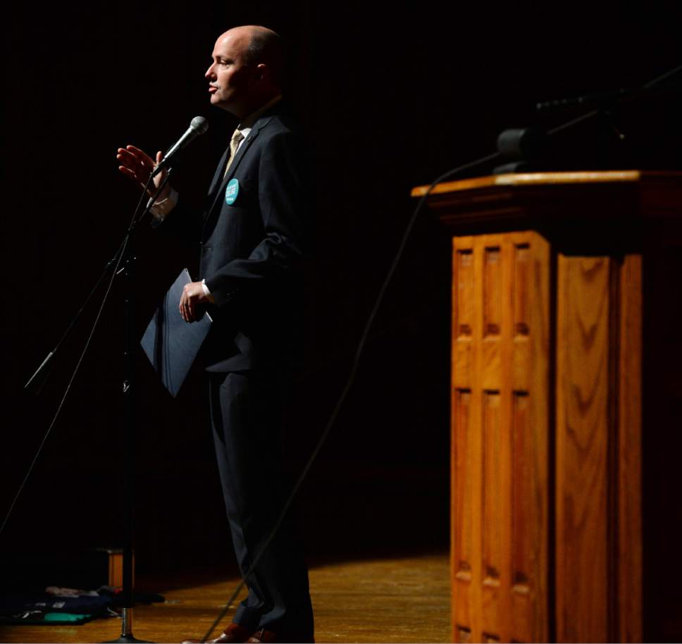 Steve Griffin / The Salt Lake Tribune


Utah Lt. Governor Spencer Cox kicks off Utah College Application Week during an assembly at Kearns High School in Kearns Monday November 7, 2016. Cox told of his experience with college applications and what college meant for his carrier.