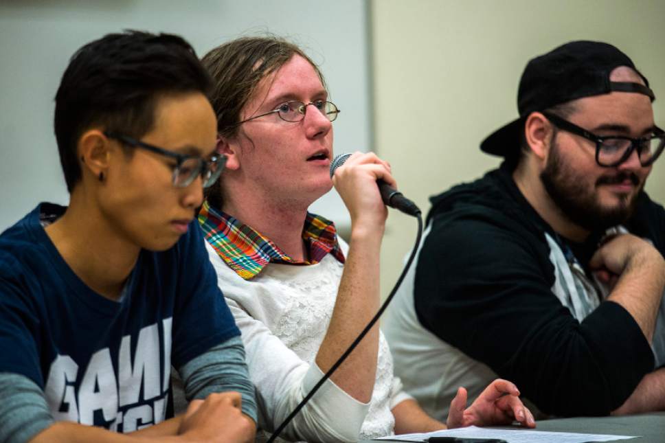 Chris Detrick  |  The Salt Lake Tribune
Brianna Cluck, center, speaks during an Understanding Same-Gender Attraction meeting at Provo City Library Thursday October 20, 2016.