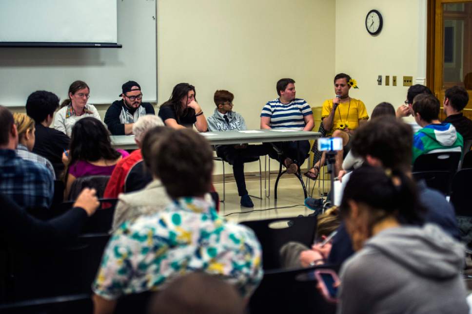 Chris Detrick  |  The Salt Lake Tribune
Christian Frandsen, far right, speaks during an Understanding Same-Gender Attraction meeting at Provo City Library Thursday October 20, 2016.