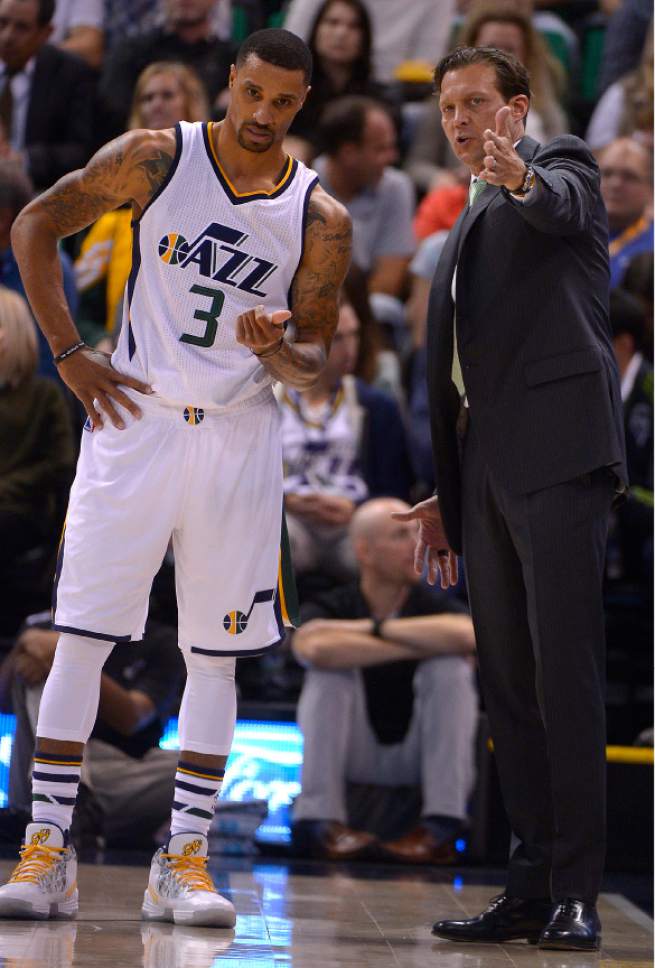 Leah Hogsten  |  The Salt Lake Tribune
Utah Jazz head coach Quin Snyder talks with Utah Jazz guard George Hill (3) in the first half. The San Antonio Spurs defeated the Utah Jazz 100-86 during their game, Friday, November 4, 2016 at Vivant Smart Home Arena.