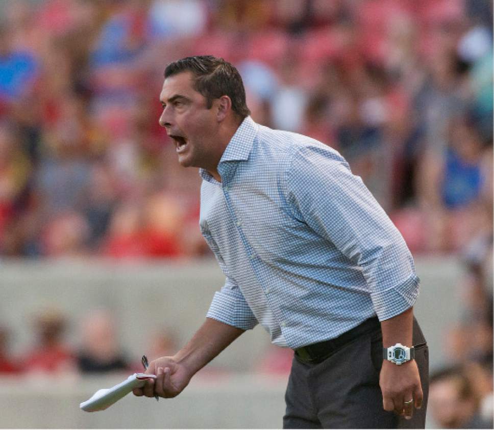 Michael Mangum  |  Special to the Tribune

Real Salt Lake head coach Jeff Cassar yells to his team during their MLS match against the Montreal Impact at Rio Tinto Stadium in Sandy, UT on Saturday, July 9th, 2016.