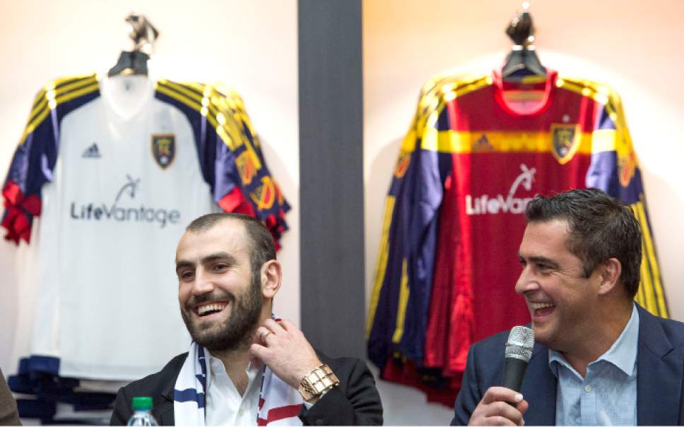 Steve Griffin  |  The Salt Lake Tribune


Yura Movsisyan laughs with Real Salt Lake head coach Jeff Cassar as he is introduced by the club as the 28-year-old striker returns to his former club after six seasons overseas in one of the most notable signings in club history at the Real Salt Lake store in Salt Lake City, Tuesday, January 19, 2016.