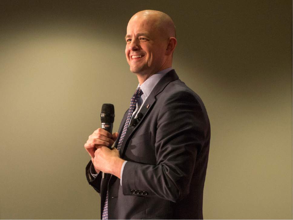Rick Egan  |  The Salt Lake Tribune

Independent presidential candidate Evan McMullin speaks at his election eve rally at Utah Valley Convention Center in Provo on Monday, Nov. 7, 2016.