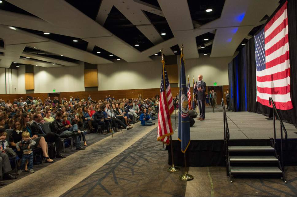 Rick Egan  |  The Salt Lake Tribune

Independent presidential candidate Evan McMullin speaks at his election eve rally at Utah Valley Convention Center in Provo on Monday, Nov. 7, 2016.