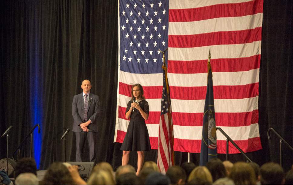 Rick Egan  |  The Salt Lake Tribune

Independent presidential candidate Evan McMullin and running mate Mindy Flinn appear at their election eve rally at Utah Valley Convention Center in Provo on Monday, Nov. 7, 2016.