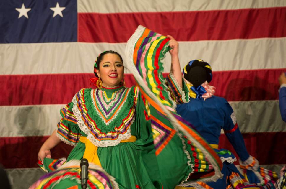 Rick Egan  |  The Salt Lake Tribune

Ballet Folkloric Quetzalcoatl performs at appears with Evan McMullen's Election Eve Rally, at the Utah Valley Convention Center in Provo, Monday, November 7, 2016.