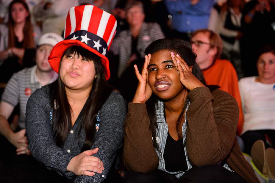 Trent Nelson  |  The Salt Lake Tribune
Sophia Keo and Toree Green react to Trump winning Ohio at the Utah Democrats Election Night Party at the Sheraton Hotel in Salt Lake City, Tuesday November 8, 2016.