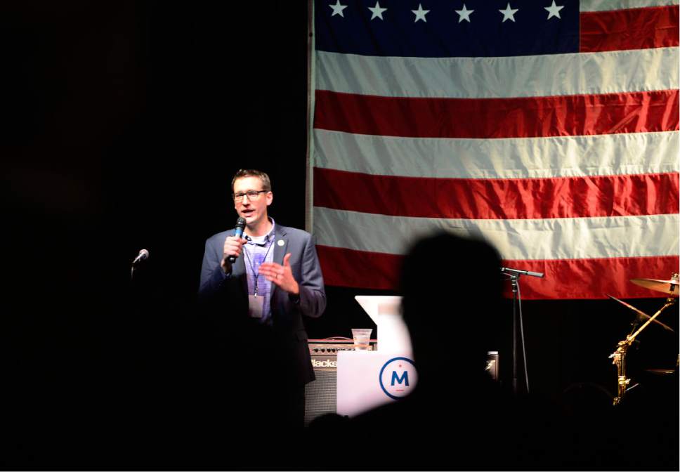 Scott Sommerdorf   |  The Salt Lake Tribune  
Presidential candidate Evan McMullin's campaign manager Joel Searby speaks to the crowd gathered at Evan McMullin's election party at The Depot, Tuesday, November 8, 2016.