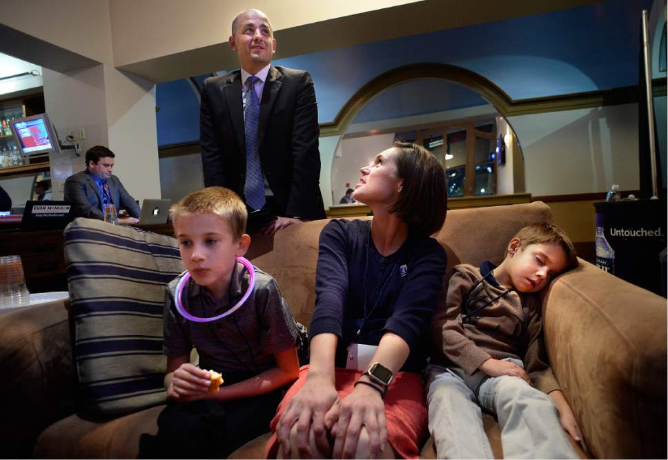 Scott Sommerdorf   |  The Salt Lake Tribune  
Presidential candidate Evan McMullin watches early returns with his wife Katie and their children at the McMullin election night party at The Depot, Tuesday, November 8, 2016.