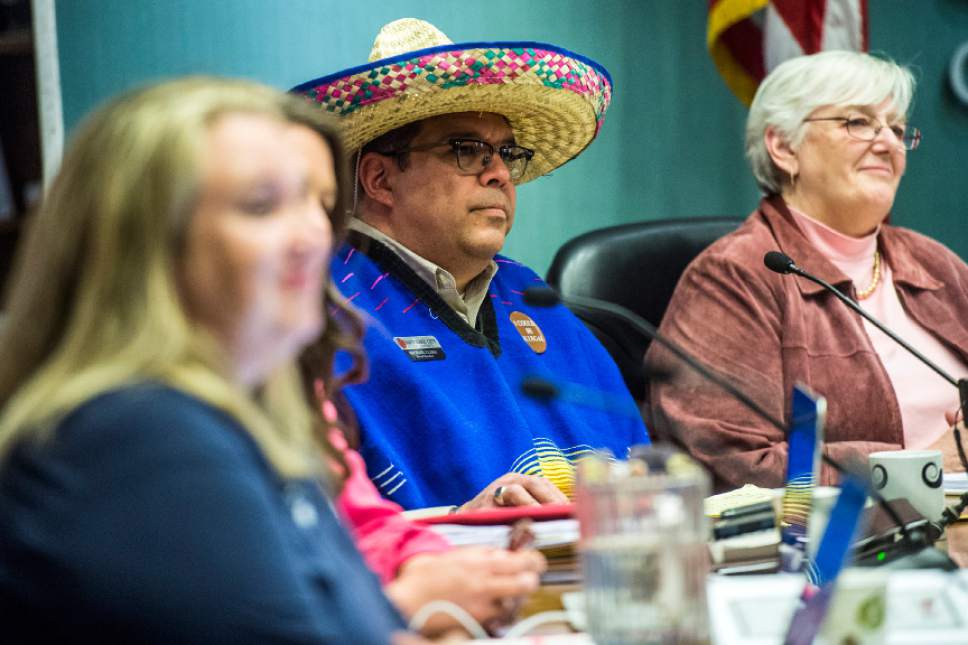 Chris Detrick  |  The Salt Lake Tribune
Salt Lake City School District board member Michael Clara attends a school board meeting as "Frito Bandito" Tuesday April 7, 2015.