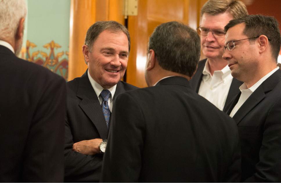 Leah Hogsten  |  The Salt Lake Tribune
Incumbent Republican Governor Gary Herbert celebrates his victory with supporters, friends and family after defeating former CHG Healthcare Services CEO Democrat nominee Mike Weinholtz to seize a third term in office.