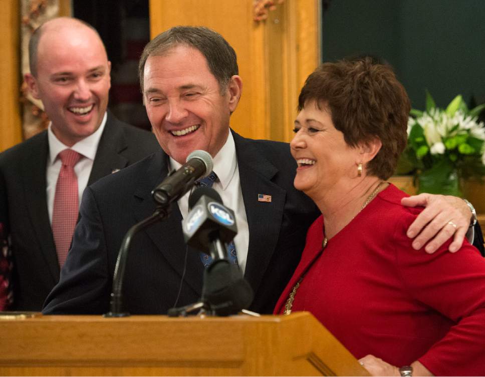 Leah Hogsten  |  The Salt Lake Tribune
Incumbent Republican Governor Gary Herbert shares a laugh with wife Jeanette and Lt. Gov. Spencer Cox (left) during his acceptance speech after defeating former CHG Healthcare Services CEO Democrat nominee Mike Weinholtz to seize a third term in office.