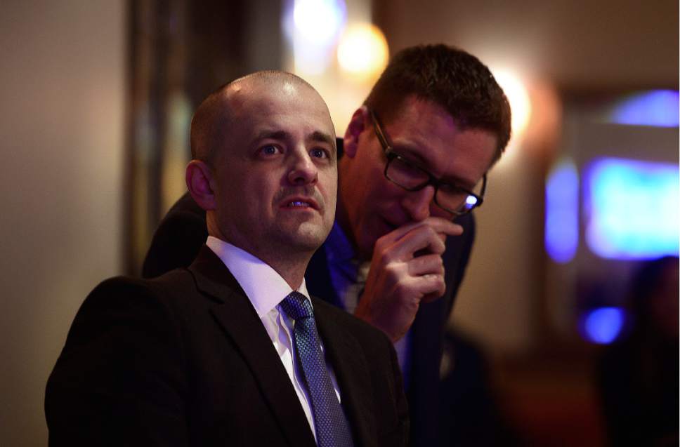Scott Sommerdorf   |  The Salt Lake Tribune  
Presidential candidate Evan McMullin watches early returns with his campaign manager Joel Searby at the McMullin election night party at The Depot, Tuesday, November 8, 2016.
