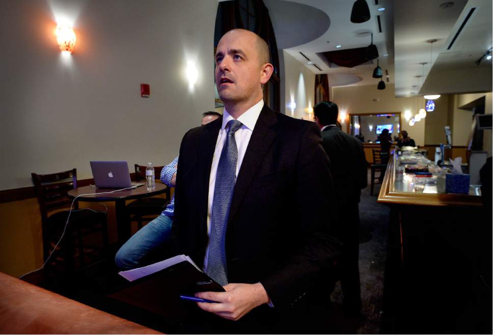 Scott Sommerdorf   |  The Salt Lake Tribune  
Presidential candidate Evan McMullin watches early returns at The Depot, Tuesday, November 8, 2016.