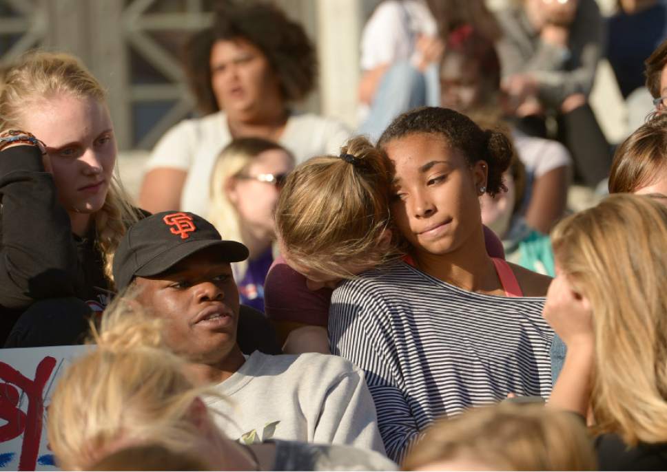 Leah Hogsten  |  The Salt Lake Tribune
"I don't feel that Trump would support me as a black person or as a woman," said Abena Bakenra, right, a student at West High School. High School students from Salt Lake City who are afraid, upset and discouraged due to last night's election results held a sit-in at the Utah Capitol to show solidarity for their immigrant and LGBT peers.