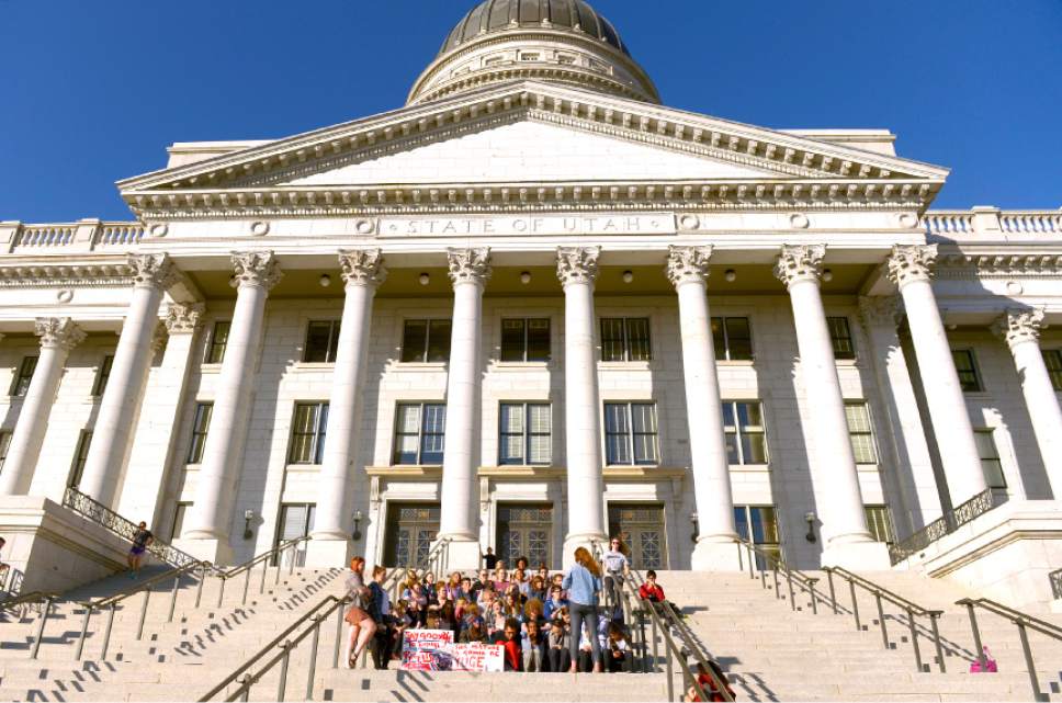 Leah Hogsten  |  The Salt Lake Tribune
West High School senior Samantha Kelsey rallies her peers who are afraid, upset and discouraged due to last night's election results held a sit-in at the Utah Capitol to show solidarity for their immigrant and LGBT peers.